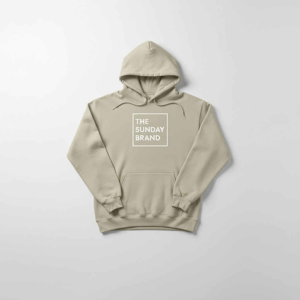 Beige hoodie with 'The Sunday Brand' logo on a light gray background
